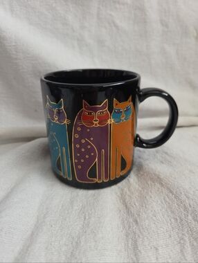 Laurel Burch Black Ceramic Cat Mug with Teal, Purple & Orange Cat Artwork
